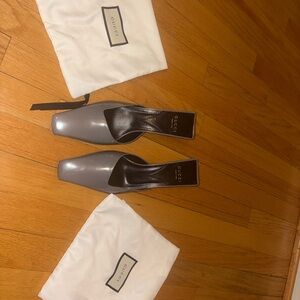 Gucci Gray Patent Leather Mule Heels with silver interlocking GG